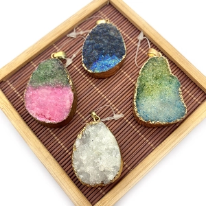 Natural teardrop druzy stone pendants with gold plated edges and multi-color crystals
