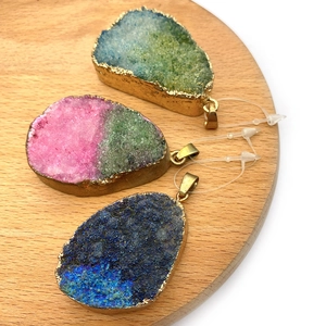 Irregular druzy stone teardrop pendants with gold plated edges and multi-color crystal druzy