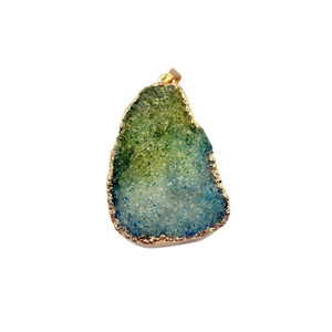 Irregular teardrop druzy crystal pendant with green-blue gradient and gold-plated edges