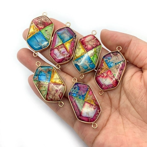 Lot de 6 pendentifs hexagonaux en pierre empereur colorée avec cadres dorés pour bijoux
