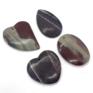 Mixed shape natural Mookaite stone pendants set with heart and oval striped designs