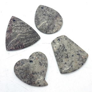 Set of 4 natural agate fossil pendants in heart, drop, and triangle shapes for jewelry DIY