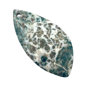 Natural agate stone pendant in teardrop leaf shape with green spots and polished finish