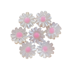 Natural white mother of pearl shell daisy beads with pink centers for DIY jewelry making
