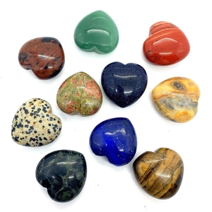 Set of 10 polished heart-shaped natural gemstones including tiger eye and agate