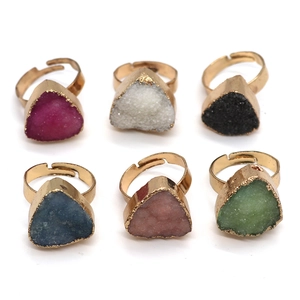 Set of six irregular triangular druzy crystal rings with adjustable gold plated bands