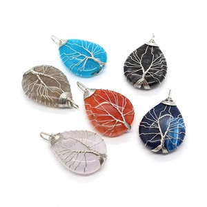 Set of 6 wire-wrapped water drop natural agate tree of life pendants in diverse colors