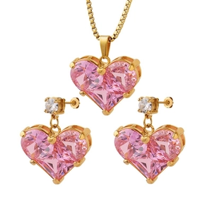 Elegantes Goldschmuck-Set mit rosa herzförmigem Zirkonia-Anhänger und passenden Ohrsteckern