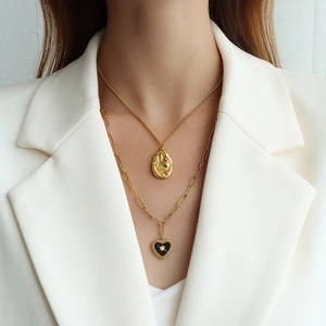 Double-layered 18K gold plated chain necklace with black heart and zircon pendant