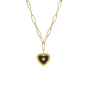 Vintage 18K gold plated titanium steel heart necklace with black enamel pendant and crystal