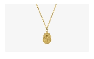 Primer plano del collar de acero inoxidable dorado de 18k con colgante del carácter Fu
