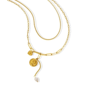 Collier double rang plaqué or 18 carats avec pendentif pièce portrait et perle baroque