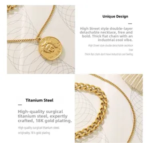 Detail of 18K gold plated titanium steel double necklace with lion coin and cuban chain