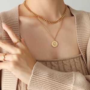 Layered Pendant Necklace Gold Plated Titanium Steel Vintage Coin Portrait Retro High Street Jewelry For Women