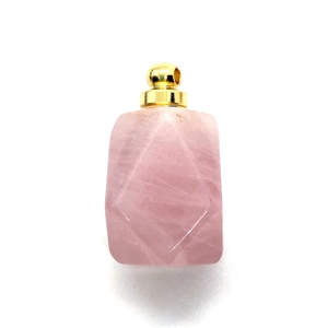 Pink rose quartz perfume bottle pendant with golden faceted stone for DIY necklaces