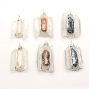 Handmade silver wire wrapped natural crystal quartz pendants with multi-color pearls