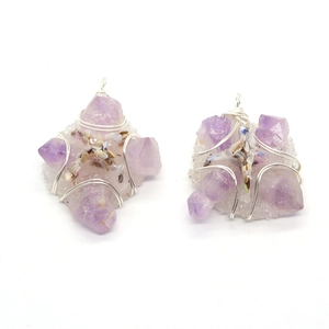 Natural light purple crystal cluster wire wrapped pendant with silver metal hook accessory