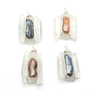 Natural crystal clusters with baroque pearl pendants and wire-wrapped metal loops