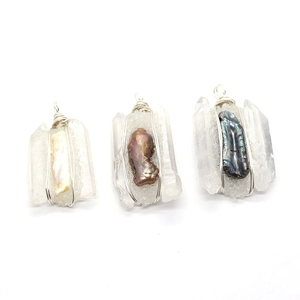 Three handmade wire wrapped pendants with natural crystal, baroque pearl and silver wire