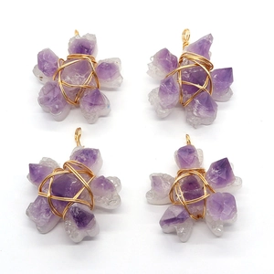 Natural purple amethyst flower pendants with handmade gold wire wrapping for DIY jewelry