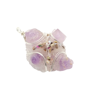 Natural raw amethyst crystal pendant with silver wire wrap and colorful stone inlay