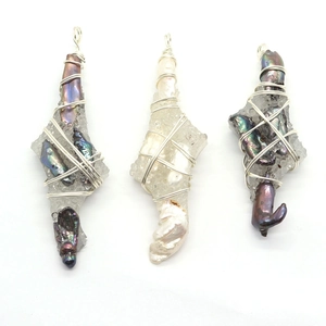 Handmade wire wrapped baroque pearl and crystal druzy pendants in multiple colors