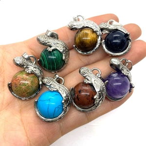 Set of natural stone lizard pendants including tiger eye and turquoise for jewelry making