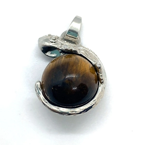 Spherical Tiger Eye stone pendant with silver spiral setting and natural silk luster finish
