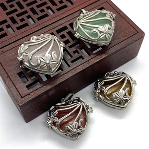Vintage Heart Hollow Flower Locket Pendant Natural Stone Tiger Eye Rose Quartz Alloy Charm For DIY Jewelry Making Accessory