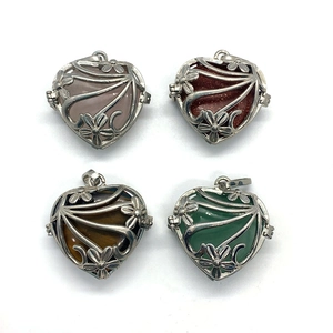 Hollow heart locket pendants with rose quartz, tiger eye and aventurine stones