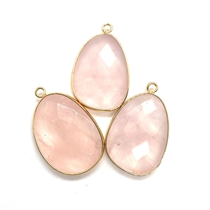 Three faceted rose quartz teardrop pendants with gold edges and bails for jewelry making