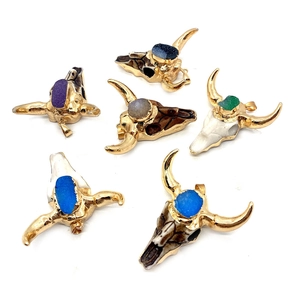 Detail of 6pcs bohemian bull skull pendants with druzy stones and gold plated bases
