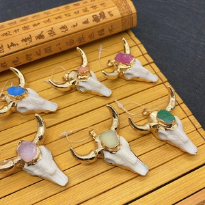 Bohemian bull skull pendants with colorful natural stone crystals in a set of six