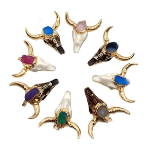 Set of 8 bohemian longhorn bull skull pendants with colorful stones and gold plating