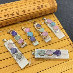 Rectangle natural druzy quartz pendant with multicolor stones and metallic gold edges