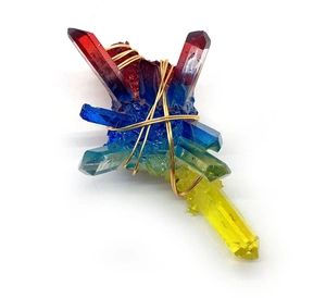 Rainbow gradient natural stone crystal pendant with gold wire wrap for jewelry making