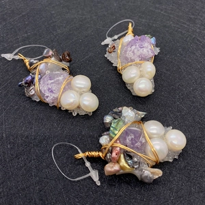 Handmade bohemian amethyst and pearl grape-shaped pendant with gold wire wrapping