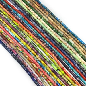 Cuentas cilíndricas de jaspe imperial coloridas 4x13mm con textura de piedra para joyería