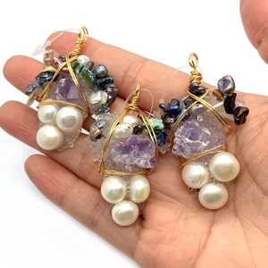 Handcrafted grape-shaped pendants with natural stone pearls and gold wire wrapping