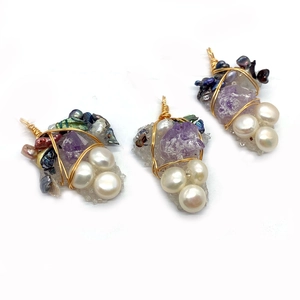 Handmade wire wrapped amethyst and pearl grape cluster pendant with gold finish accents