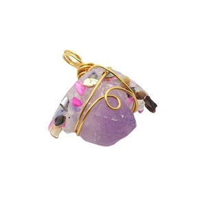 Handmade amethyst crystal pendant with gold wire wrap and resin shell gravel inlay