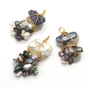 Baroque freshwater pearl pendants with handmade wire-wrapped raw crystals for DIY jewelry