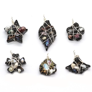 Set of six handmade wire-wrapped resin pendants with natural freshwater pearls for DIY jewelry