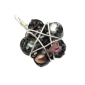 Handmade wire wrapped flower pendant with natural freshwater pearls and black resin base
