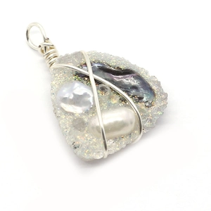Handmade silver wire wrapped druzy quartz pendant with multi-colored natural pearls