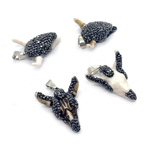 Set of four bohemian style bull skull pendants with micro-inlaid crystals for DIY jewelry