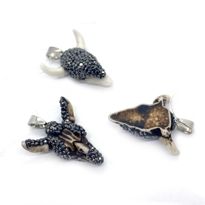 Vintage bull head necklace pendant with grey rhinestones and silver metal loop