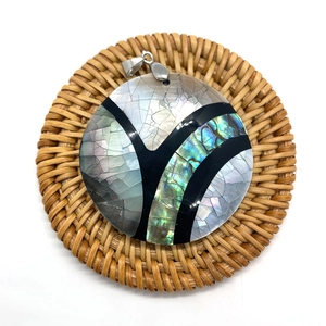 Natural abalone shell oval pendant with colorful iridescent inlay and silver bail