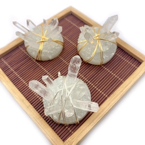 Natural white quartz crystal point pendant with gold and silver wire wrapping