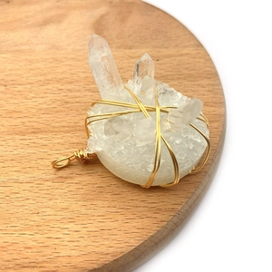 Natural crystal stone pendant with white quartz cluster and handmade gold wire wrapping